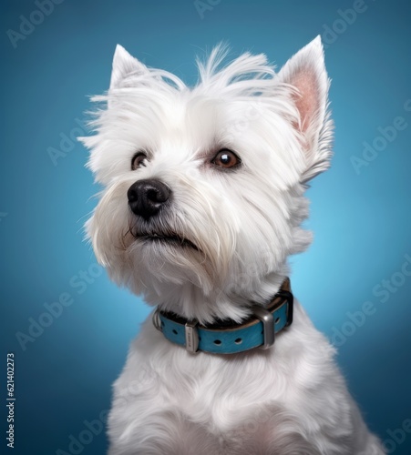 Adorable White Dog in Blue Collar Poses for a Picture Generative AI