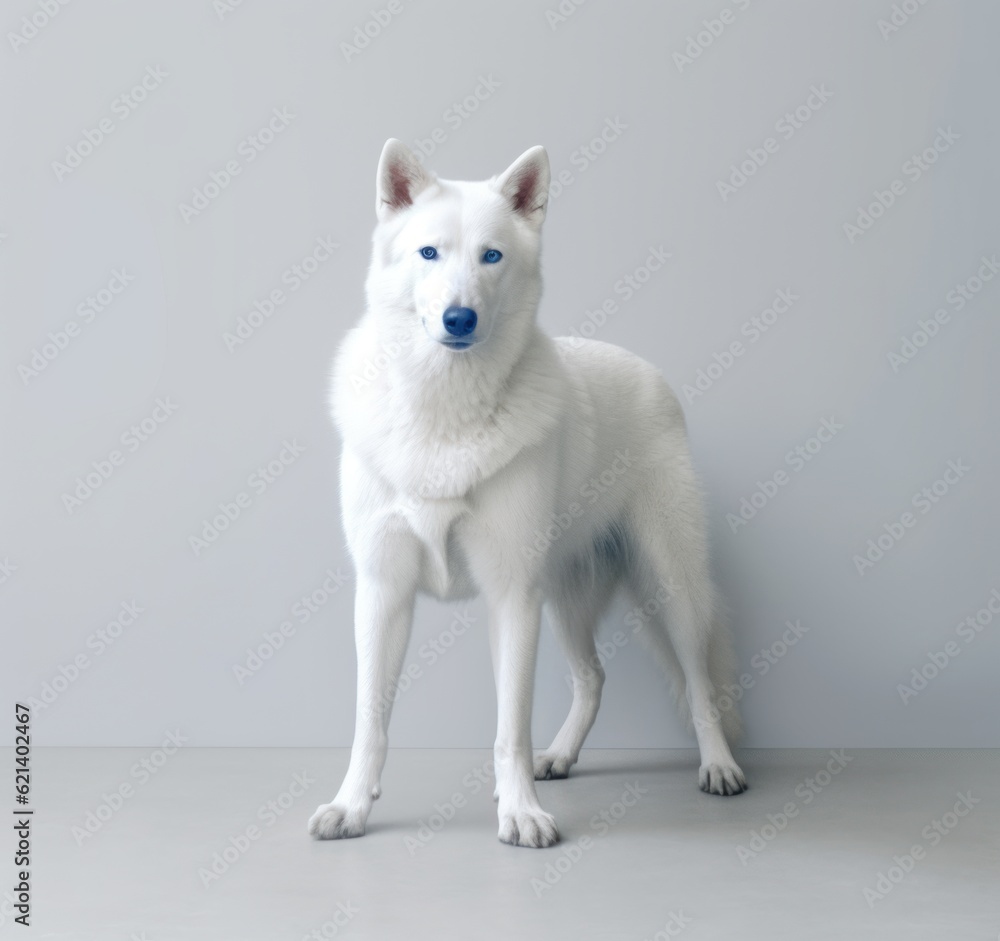 Adorable White Dog Standing in Bright White Background - Perfect for Your Home Decor! Generative AI