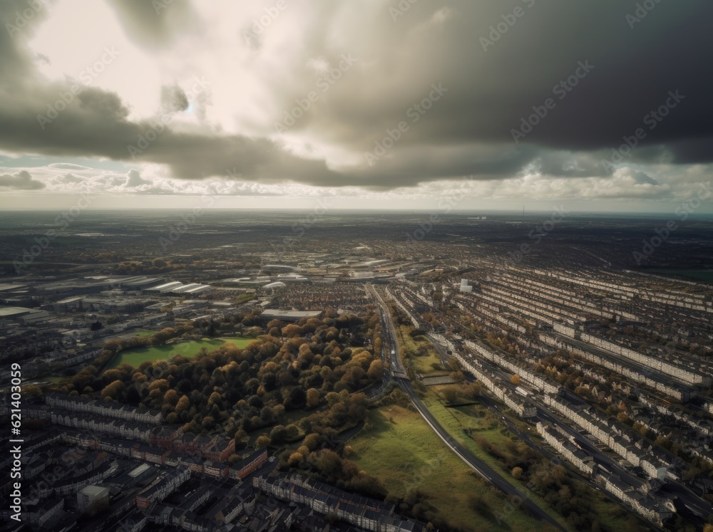 Aerial View of Dublin with Suburban Gothic Vibes Generative AI