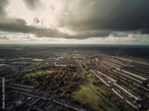 Aerial View of Dublin with Suburban Gothic Vibes Generative AI