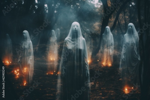 A group of ghostly people standing in a forest Fototapeta