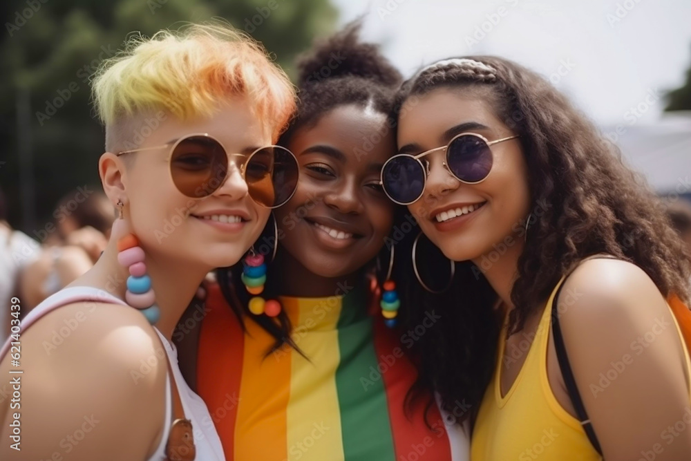 Happy diverse young ladies celebrating at a gay pride festival LGBTQ diversity and community concept Happy diverse young ladies celebrating at a gay pride festival LGBTQ diversity and community concept