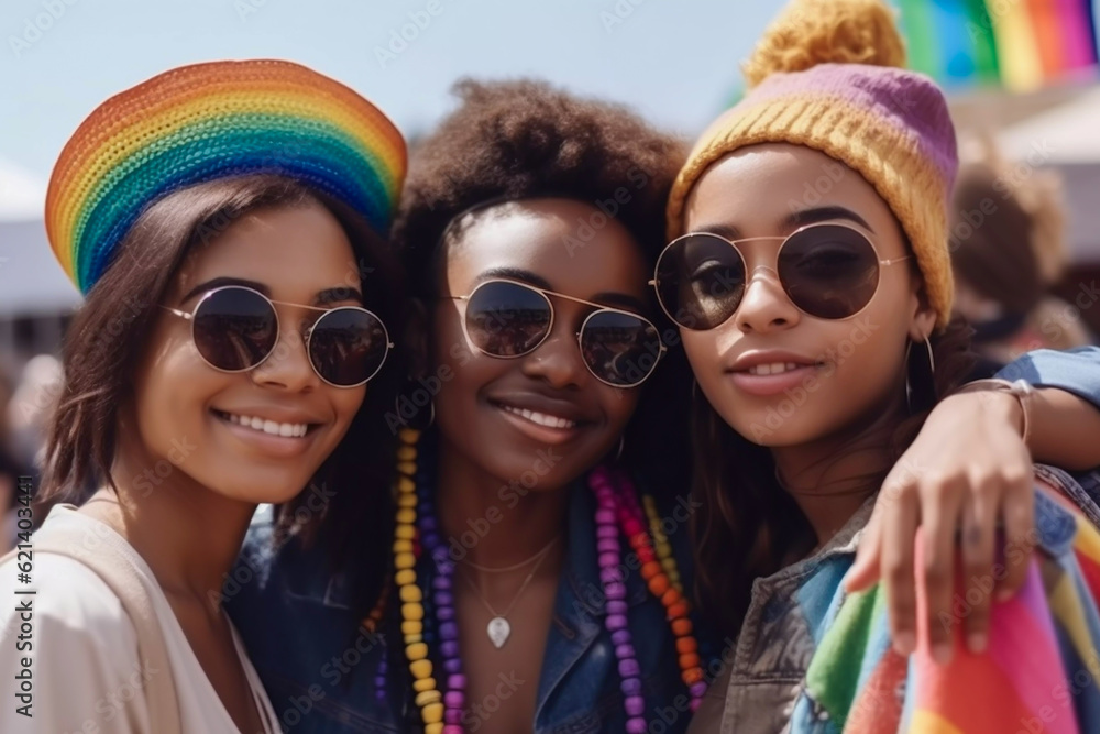 Smiling diverse girl friends celebrating at a gay pride festival LGBTQ diversity and community concept Smiling diverse girl friends celebrating at a gay pride festival LGBTQ diversity and community concept