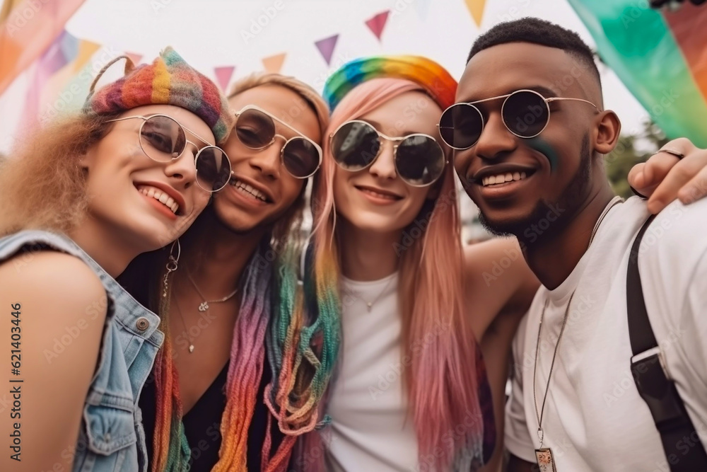 Smiling diverse group of friends celebrating at a gay pride march LGBTQ diversity and community concept Smiling diverse group of friends celebrating at a gay pride march LGBTQ diversity and community concept