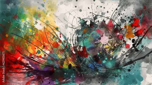 Abstract background image with colorful splotches of paint and solid dark lines