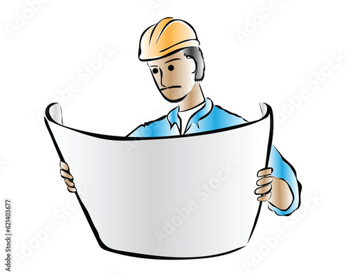 vector design of a worker or architect wearing a project helmet holding a white paper containing a design drawing of a structural or construction plan of a building or housevector design of a worker o photo