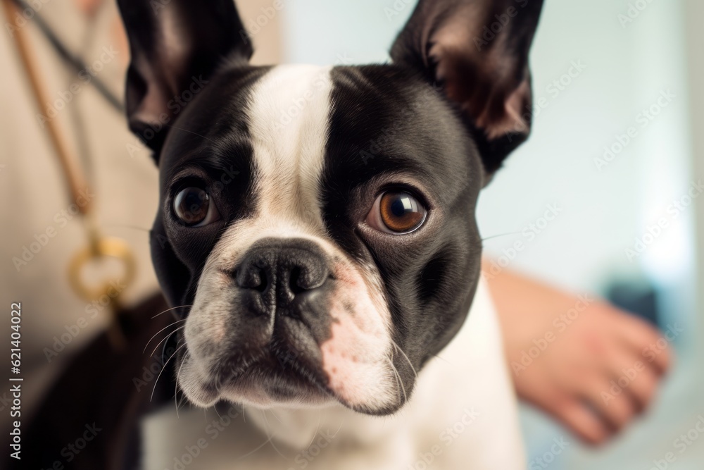 Be Professional & Stylish: Boston Terrier Rides on the Shoulder of a Woman Generative AI