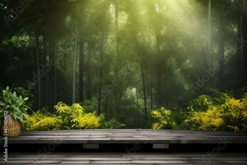 Beautiful Black Wooden Table in a Lush Forest Landscape - Perfect for Your Home Decor! Generative AI © monsifdx