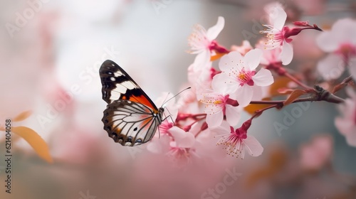 A Butterfly Sitting on a Delicate Pink Flower with a Soft Blurred Background Generative AI