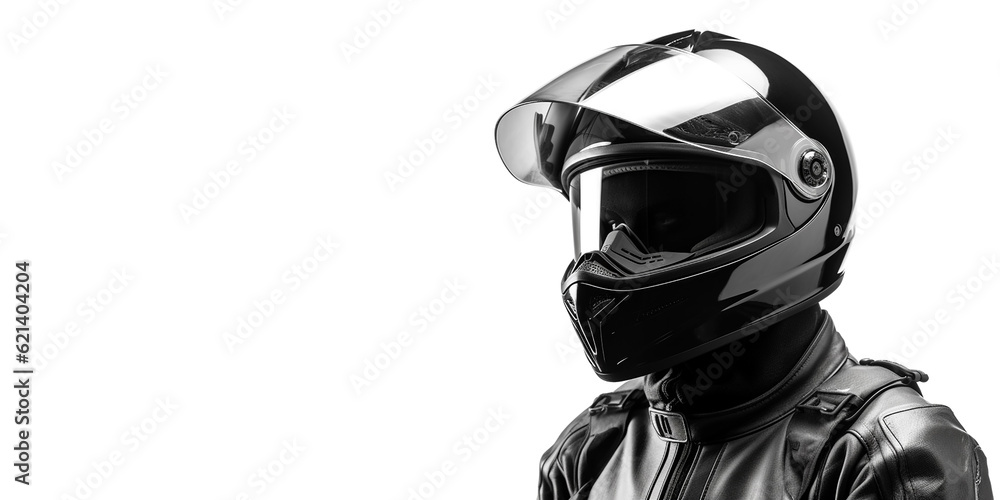 Portrait of a motorcyclist in a matching suit and helmet, close-up and against an isolated white background. Generative AI