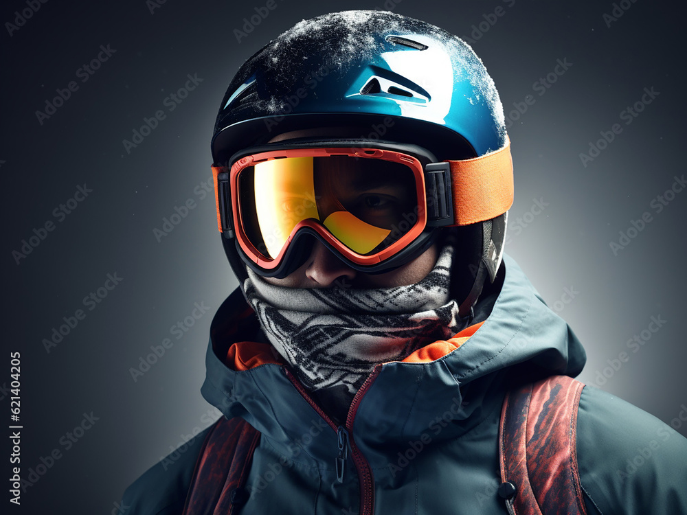 Portrait of a skier in a ski suit with a helmet and sunglasses, close-up and against a uniform studio background. Generative AI