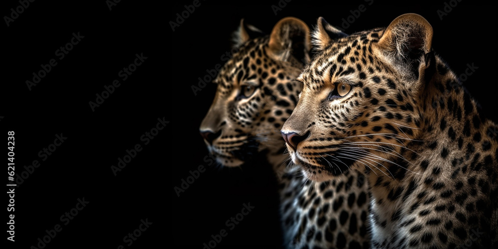Portrait of two leopards or jaguars on an isolated black background. Generative AI Portrait of two leopards or jaguars on an isolated black background. Generative AI