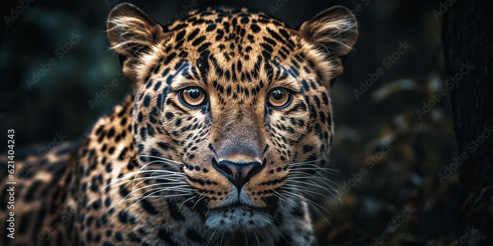 Fototapeta premium Portrait of a jaguar or leopard in the wild, close-up. Generative AI