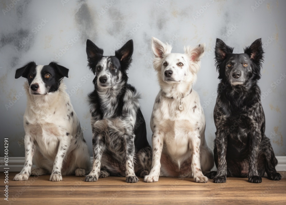 Four Loyal Pups Sit Together on a White Background - Stock Photo Generative AI