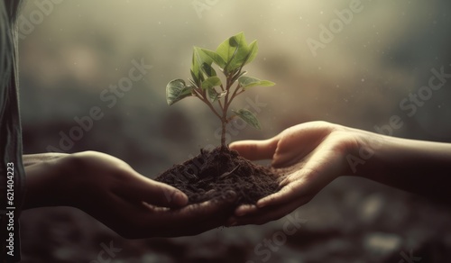 Fostering Growth: Woman Supporting a Young Tree in its Journey to Maturity. Generative AI