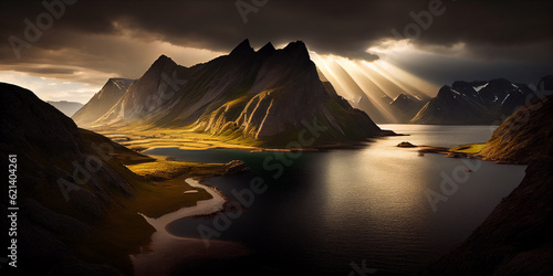 Scandinavian landscape - a beautiful fjord or lake and rocky mountains approaching the water, partially covered with ice and snow. Generative AI photo
