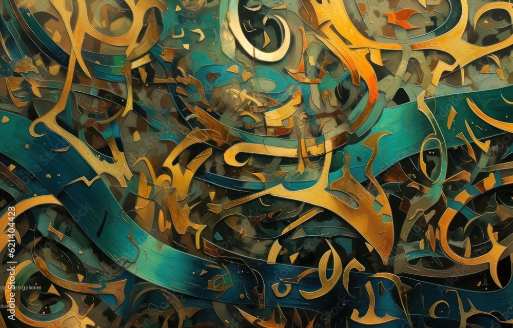 Beautiful Calligraphy Pattern in Rich Greens, Blues, and Golds Generative AI