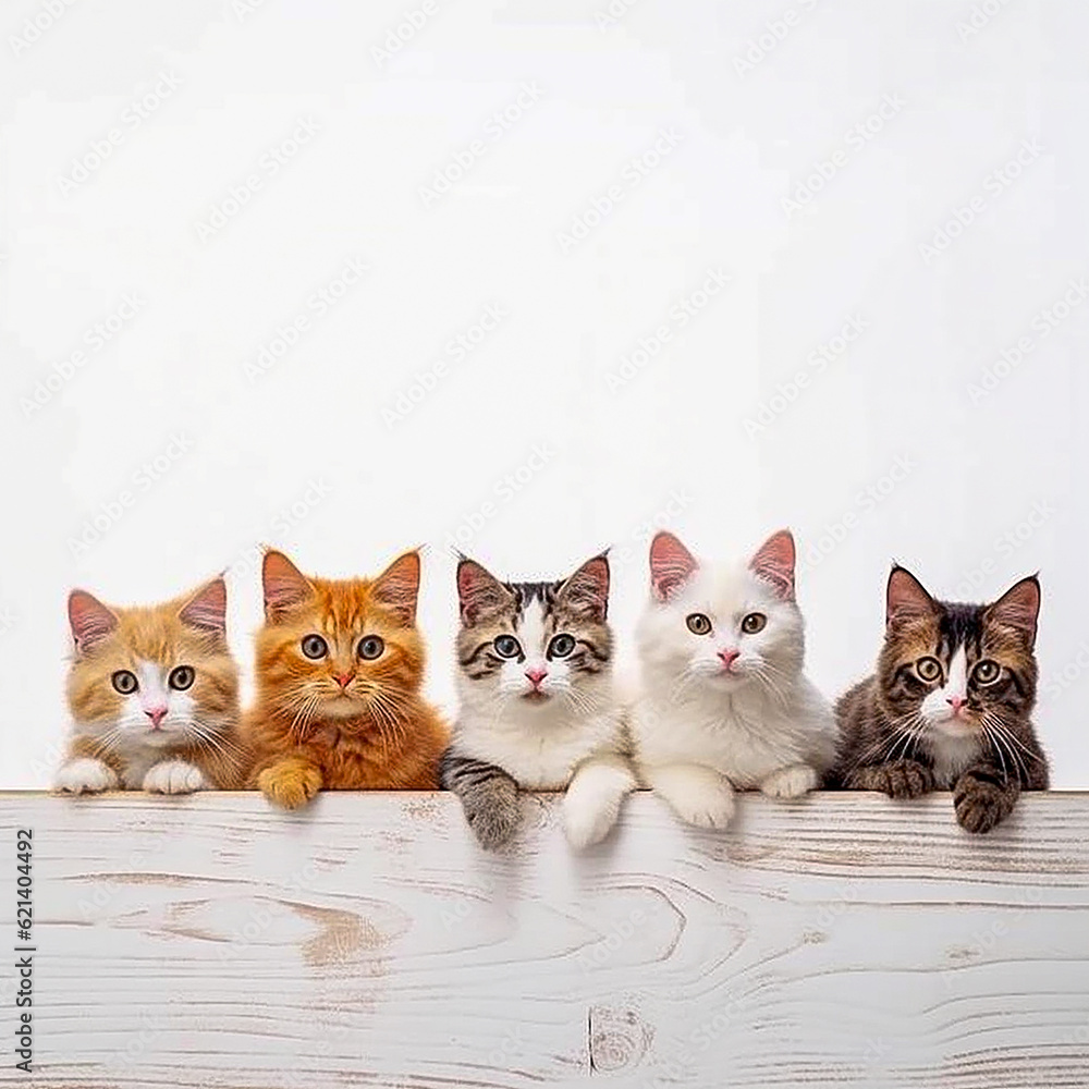 Group of multicolored kittens sitting on a white wooden table and looking at the camera