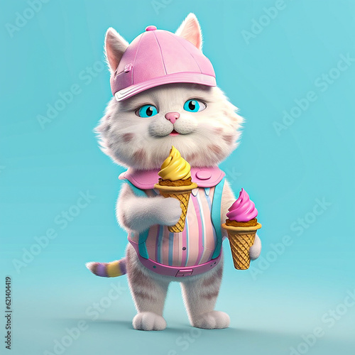 Cute cartoon cat with ice cream in her hand. 3D rendering ©  Umaymahcreative