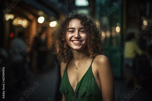 Young Woman Smiling in Green Dress with Curly Hair, Ready for Any Occasion Generative AI