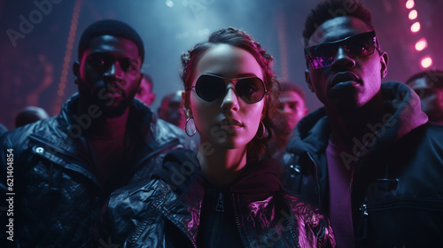 group of revolutionary people in a bunker, young woman with sunglasses and two african men. futuristic scifi distopyan atmosphere, blue and dark pink neon, purple light in the dark city. gothic punk photo