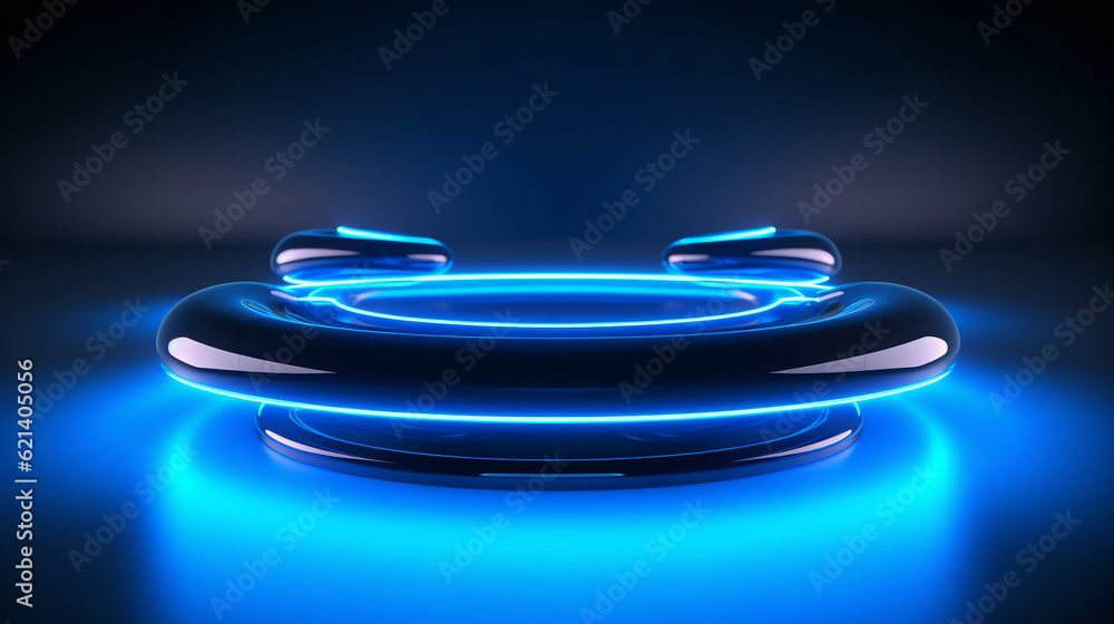 Close up of a glowing blue futuristic smartphone charger. Innovative future design for trendy smart phone charge station. Posh sophisticated neon rim light device. Ring wirelless charging station Close up of a glowing blue futuristic smartphone charger. Innovative future design for trendy smart phone charge station. Posh sophisticated neon rim light device. Ring wirelless charging station