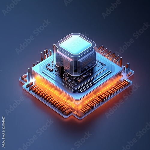 Microchip on circuit board. Isometric view. Copy space. concept of technological advancement. Generative Ai.