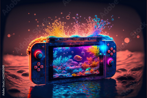 Three-dimensional gamepad for gaming, portable console with colourful monitor, 3d electronic wireless display with controller and button for entertainment. Leisure arcade, handheld device. Video game 