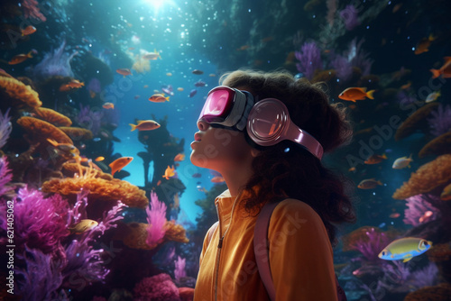 Young girl wearing AR glasses in bright colourful cyberspace, digital art, generative AI. Gamer with virtual reality VR headset in submarine augmented reality environment. Metaverse visual concept     © Andrea Marongiu