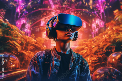 Young boy wearing AR glasses in bright colourful cyberspace, digital art, generative AI. Gamer with VR headset in submarine augmented reality environment. Metaverse visual concept, virtual reality © Andrea Marongiu