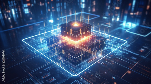 Quantum information processing concept. AI and quantum computing for powerful data elaboration. central processing unit, glowing 3d cpu. Superconducting qubits, photons particles. AI circuitry tech