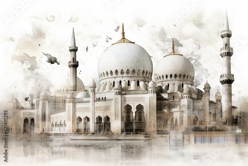 Islamic Wall Art: Sheikh Mosque Canvas Print, White Background Generative AI