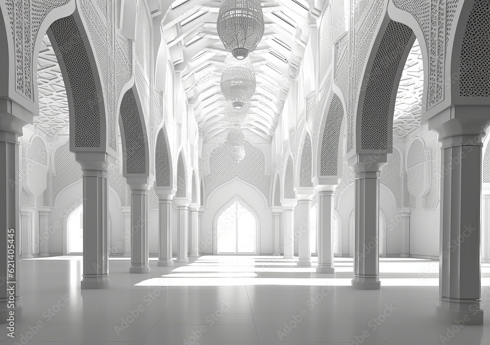 Peaceful Mosque: White and Silver Background in Empty Interior Generative AI