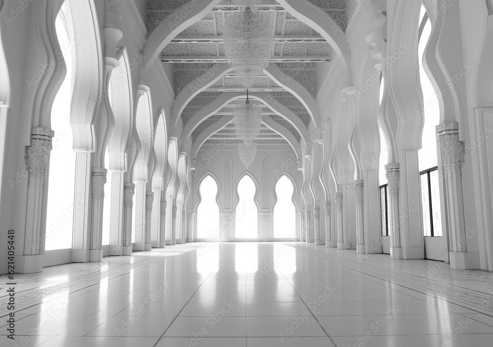 Empty Mosque with White and Silver Background: A Peaceful Scene Generative AI