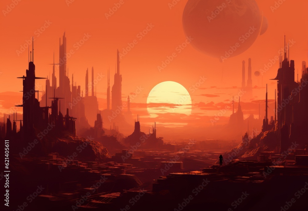 Obraz premium Desert Cityscape at Sunset: Stunning Image of a City in the Desert. Generative AI