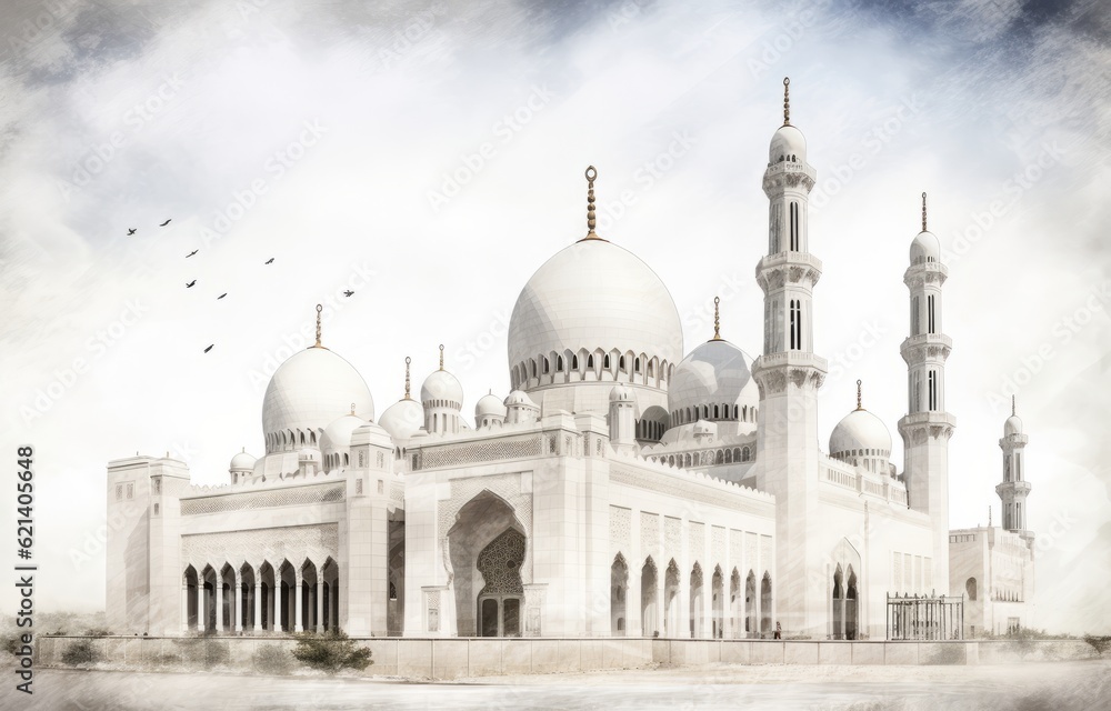 Fototapeta premium Beautiful White Mosque with Stone Architecture - Perfect for Stock Photos Generative AI