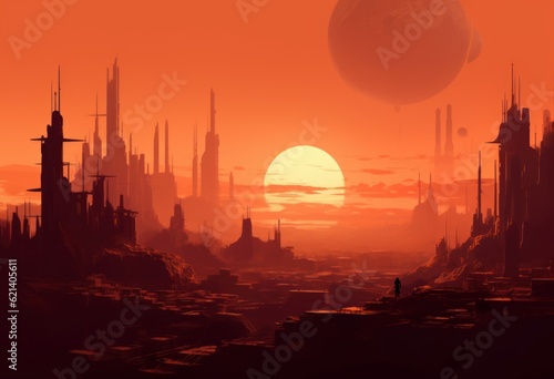 Desert Cityscape at Sunset: Stunning Image of a City in the Desert. Generative AI
