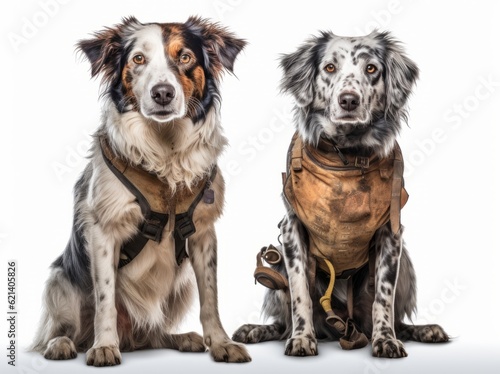 Two Loyal Dogs in Harnesses Sitting Together on White Background Generative AI