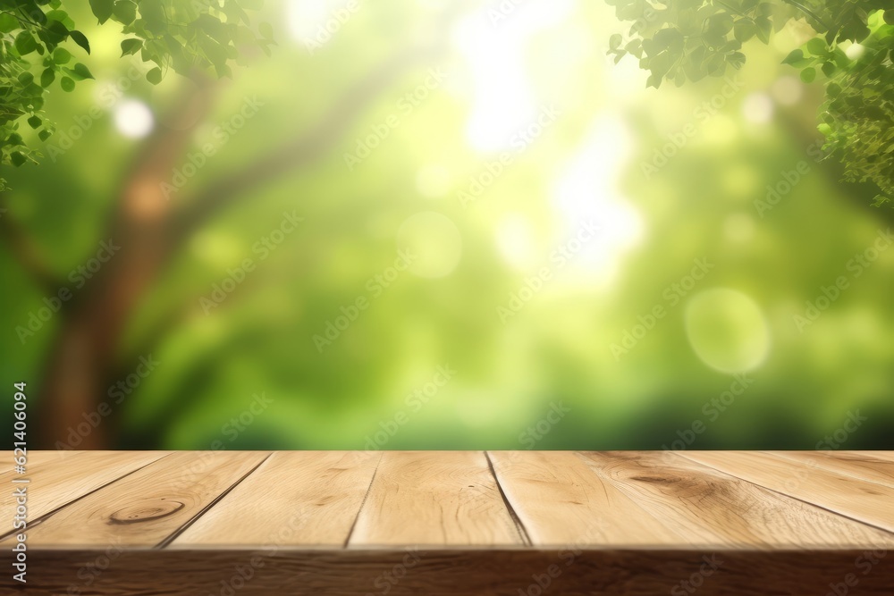 Modern Wooden Table Against a Dreamy Tree Background | Vector Illustration Generative AI