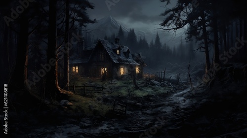 spooky halloween night with ghost in the forest dark haunted house background created with generative ai