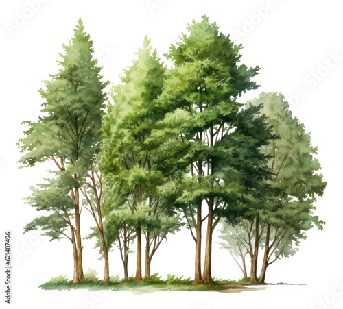 Watercolor group trees isolated illustration.