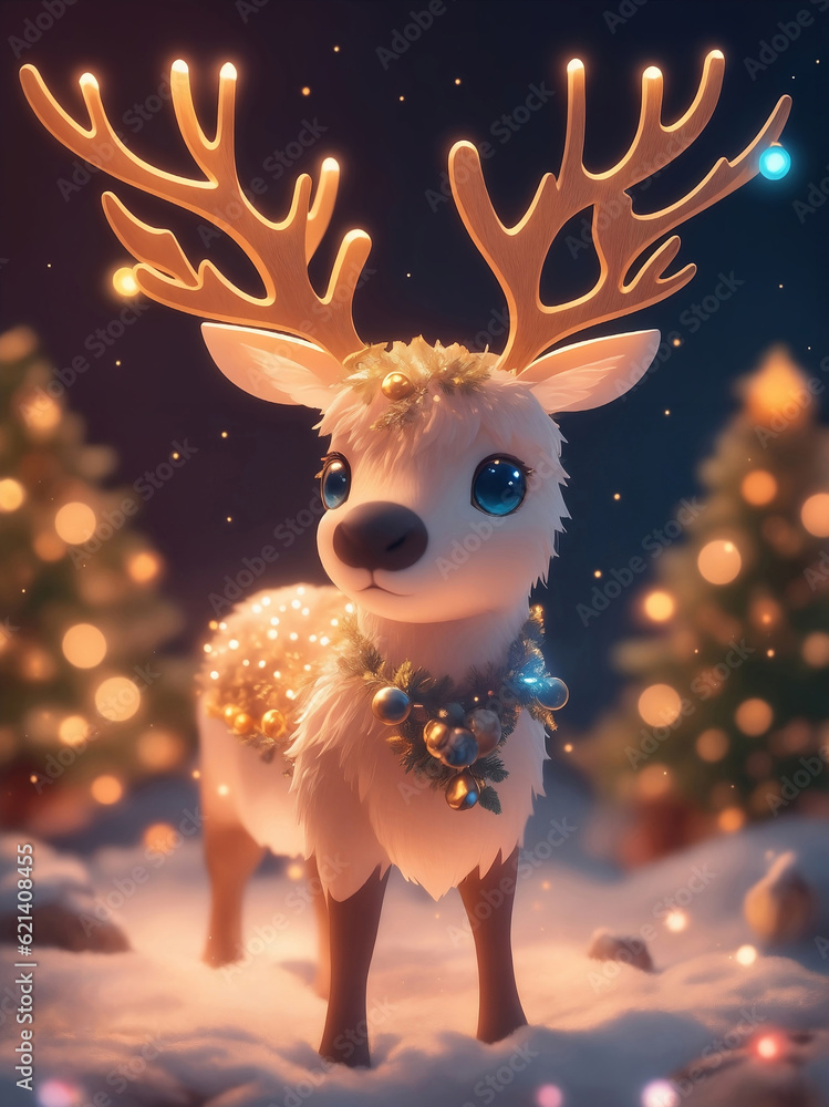 Cute reindeer on snowy day, Generative AI Illustration. Cute reindeer on snowy day, Generative AI Illustration.