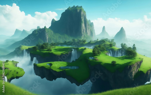 Green land with waterfalls and mountains, Generative AI Illustration. © Creative_Bringer