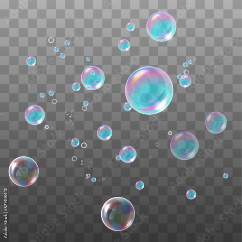 Vector transparent multicolored soap bubbles set on plaid background.