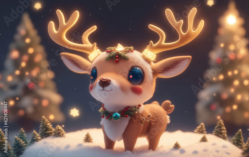 Cute reindeer on snowy day, Generative AI Illustration.