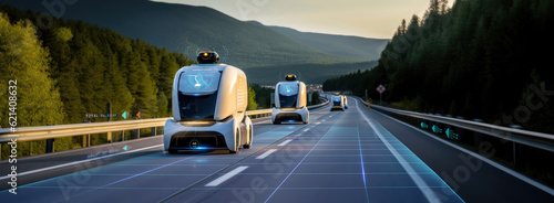 futuristic robotaxi or trucks fleet on highway with full self driving system activated for transportation autonomy concepts as wide banner with copy space area - Generative AI photo