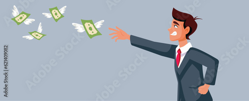 Desperate Businessman Chasing Money Vector Concept Illustration. Capitalist greedy man feeling desperate about financial gain
