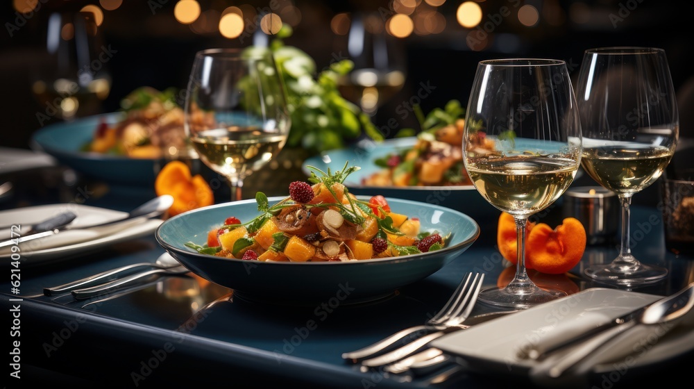 Stylish restaurant table setting with elegant cutlery and carefully arranged dishes, award winning studio photography, professional color grading, soft shadows,