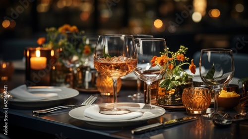 Stylish restaurant table setting with elegant cutlery and carefully arranged dishes, award winning studio photography, professional color grading, soft shadows,