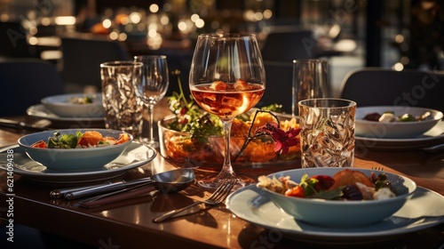 Stylish restaurant table setting with elegant cutlery and carefully arranged dishes, award winning studio photography, professional color grading, soft shadows, © Dushan
